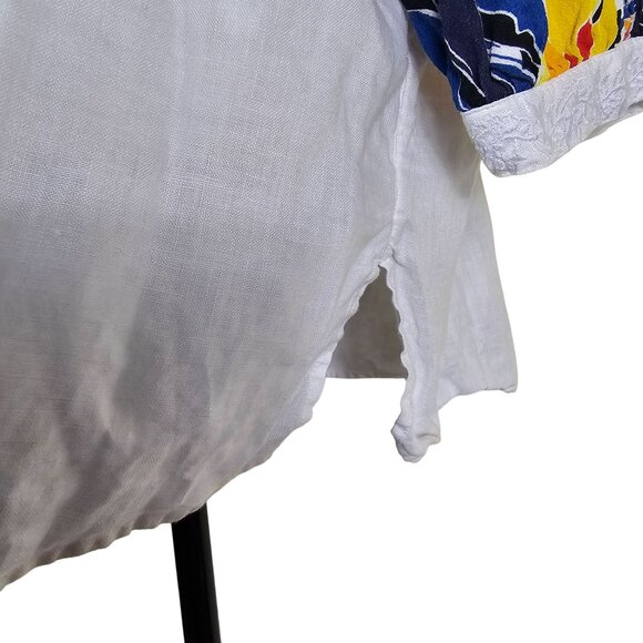 John Mark White Popover Linen Tunic 1X V-neck Blouson Sleeve Tropical Floral - Picture 9 of 12